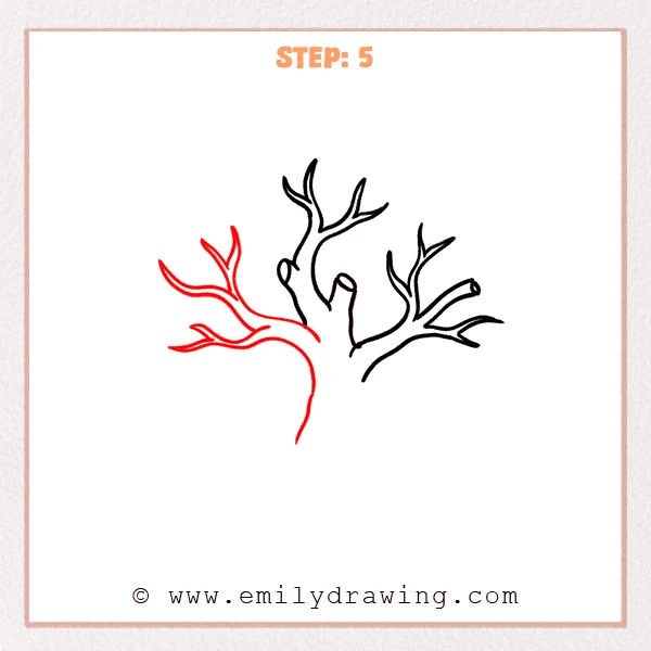 how to draw a dead tree - A dead tree sketch with a large left branch added, two small forks on it, and the trunk extended downward in a long curve.